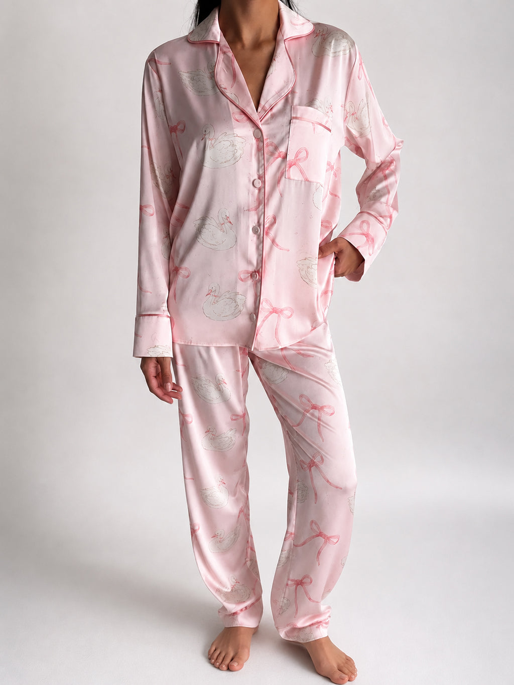 muvv's ® Kuğu Desenli Pudra Saten Pijama Takımı