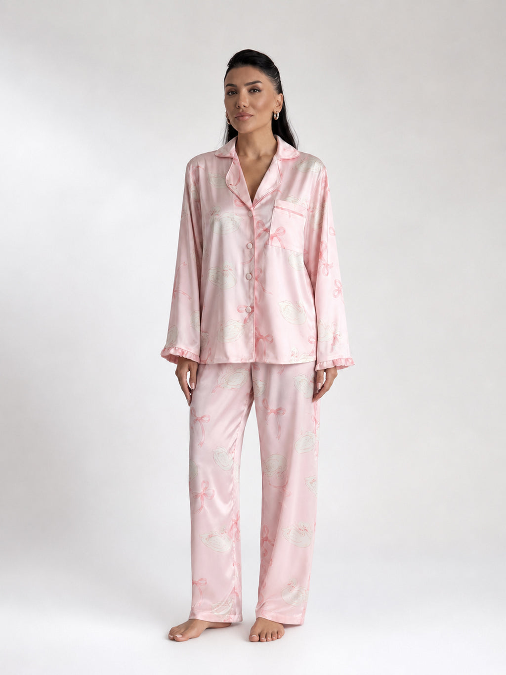 muvv's ® Kuğu Desenli Pudra Saten Pijama Takımı