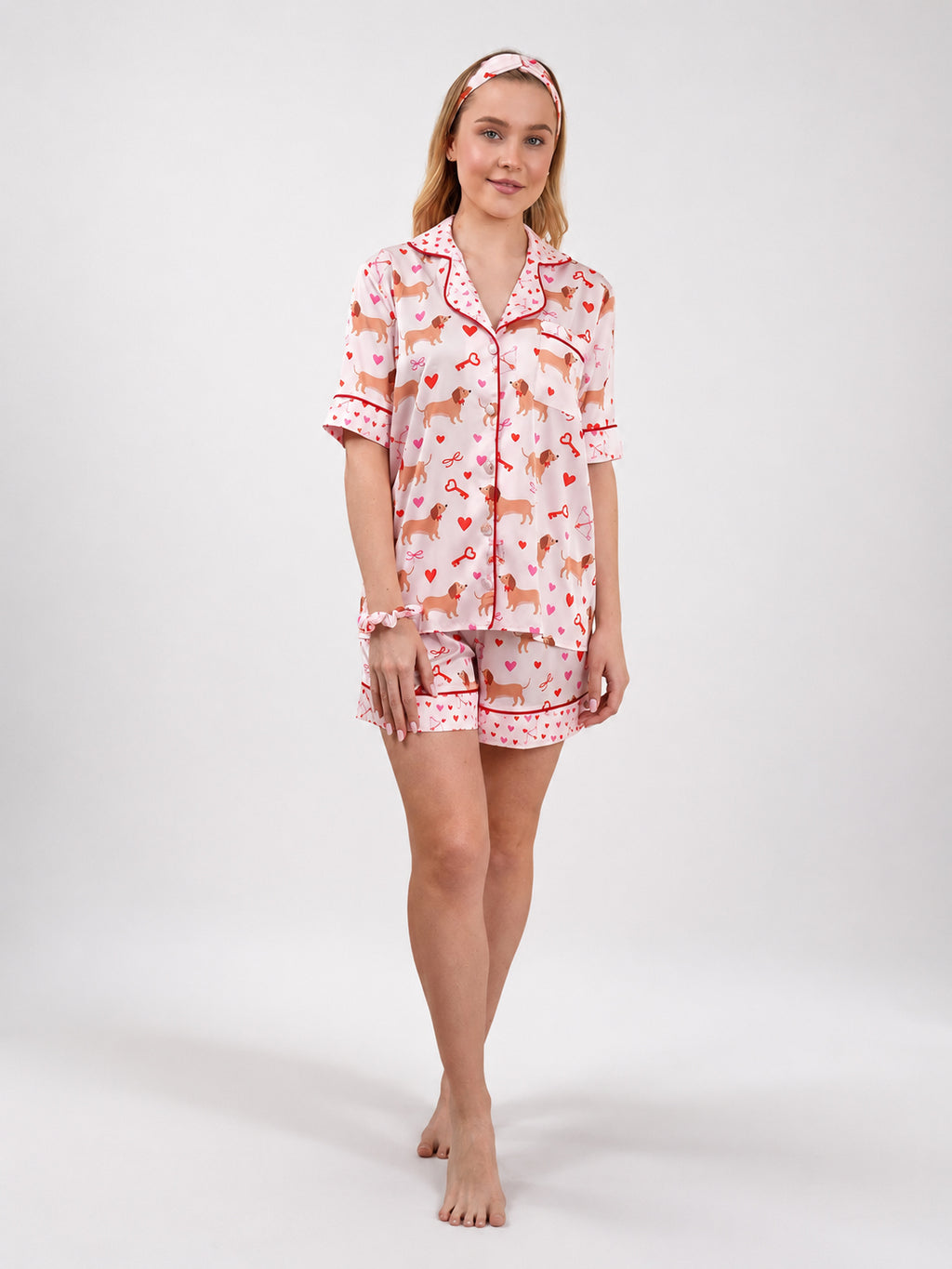 muvv's ® Kalp ve Pati Desenli Kısa Saten Pijama Takımı