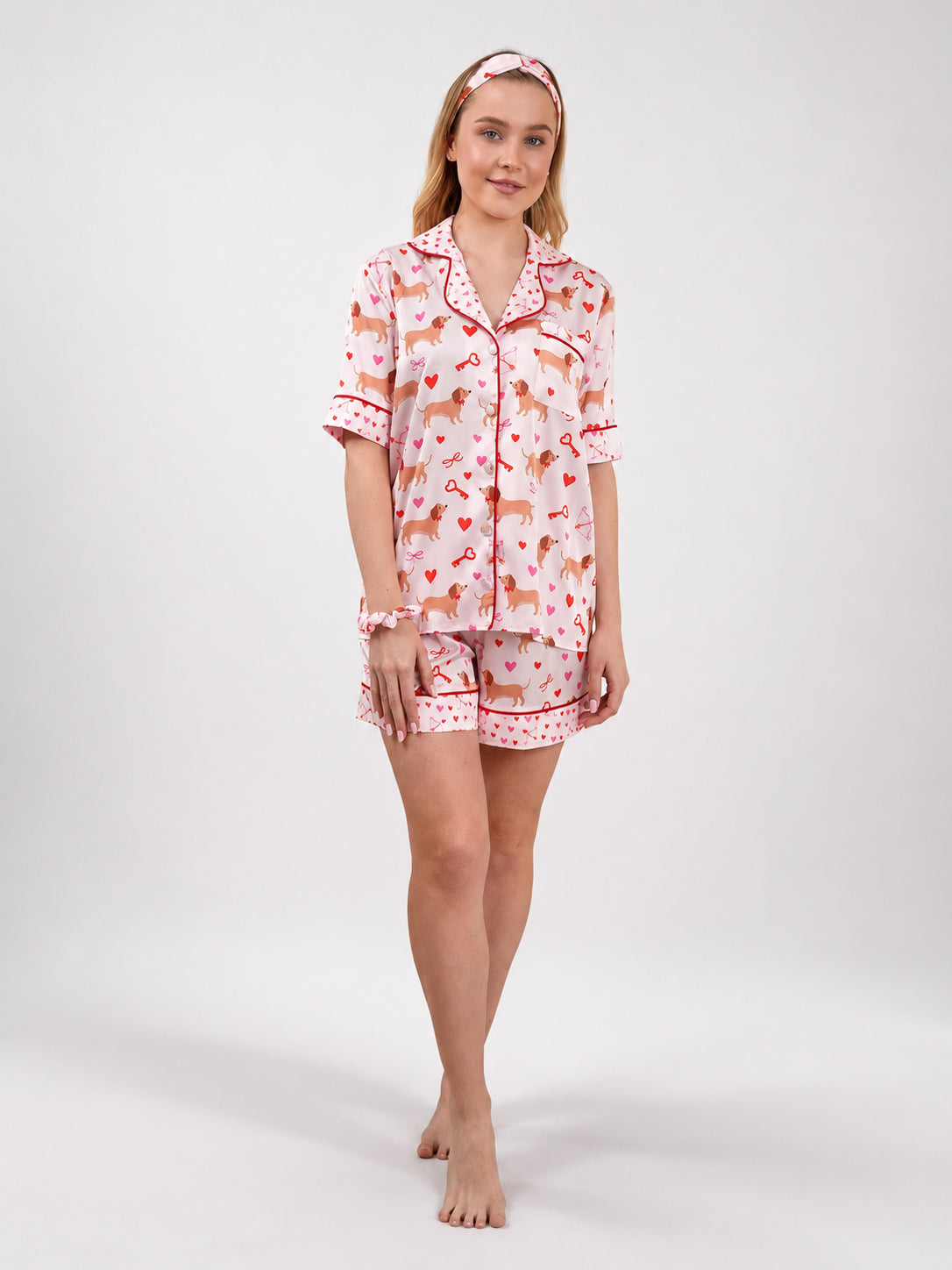 muvv's ® Kalp ve Pati Desenli Kısa Saten Pijama Takımı