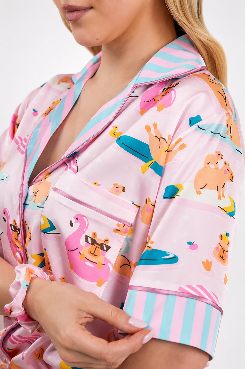 muvv's ® Kapibara Desenli Kısa Saten Pijama Takımı