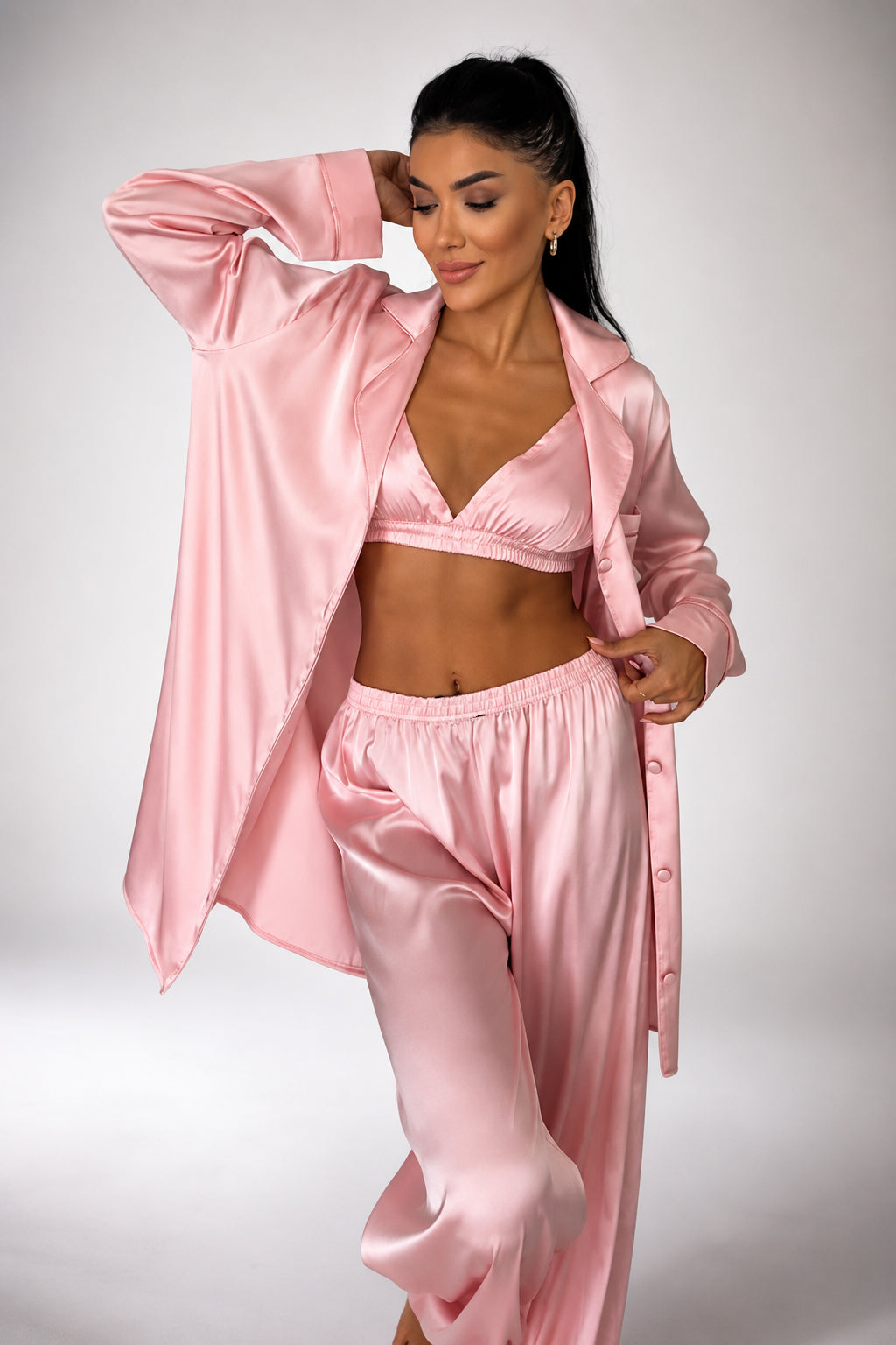 muvv's ® Pudra Saten 3’lü Saten Pijama Takımı