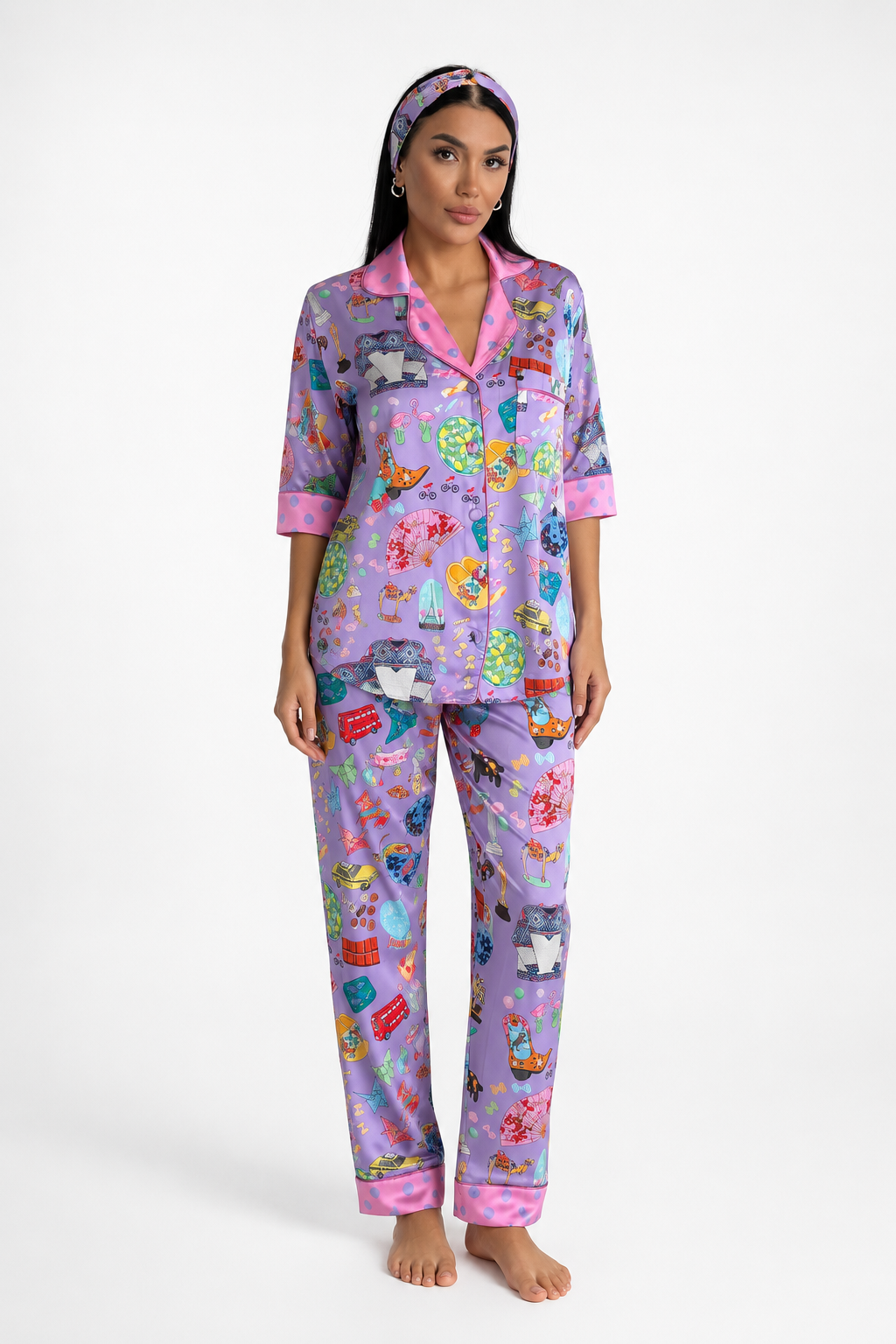 muuv’s ® Voyage Desenli Lila Saten Pijama Takımı
