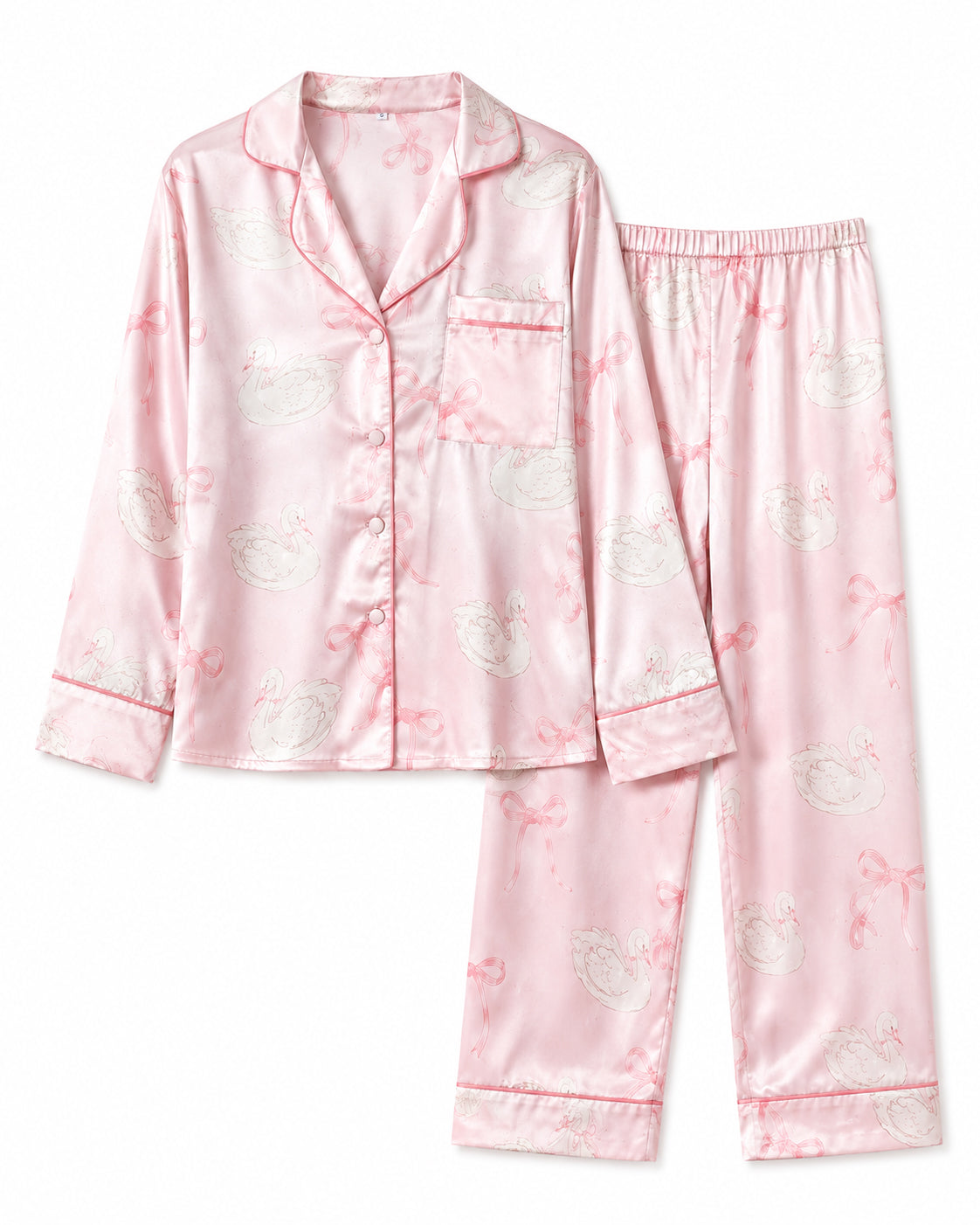muvv's ® Kuğu Desenli Pudra Saten Pijama Takımı