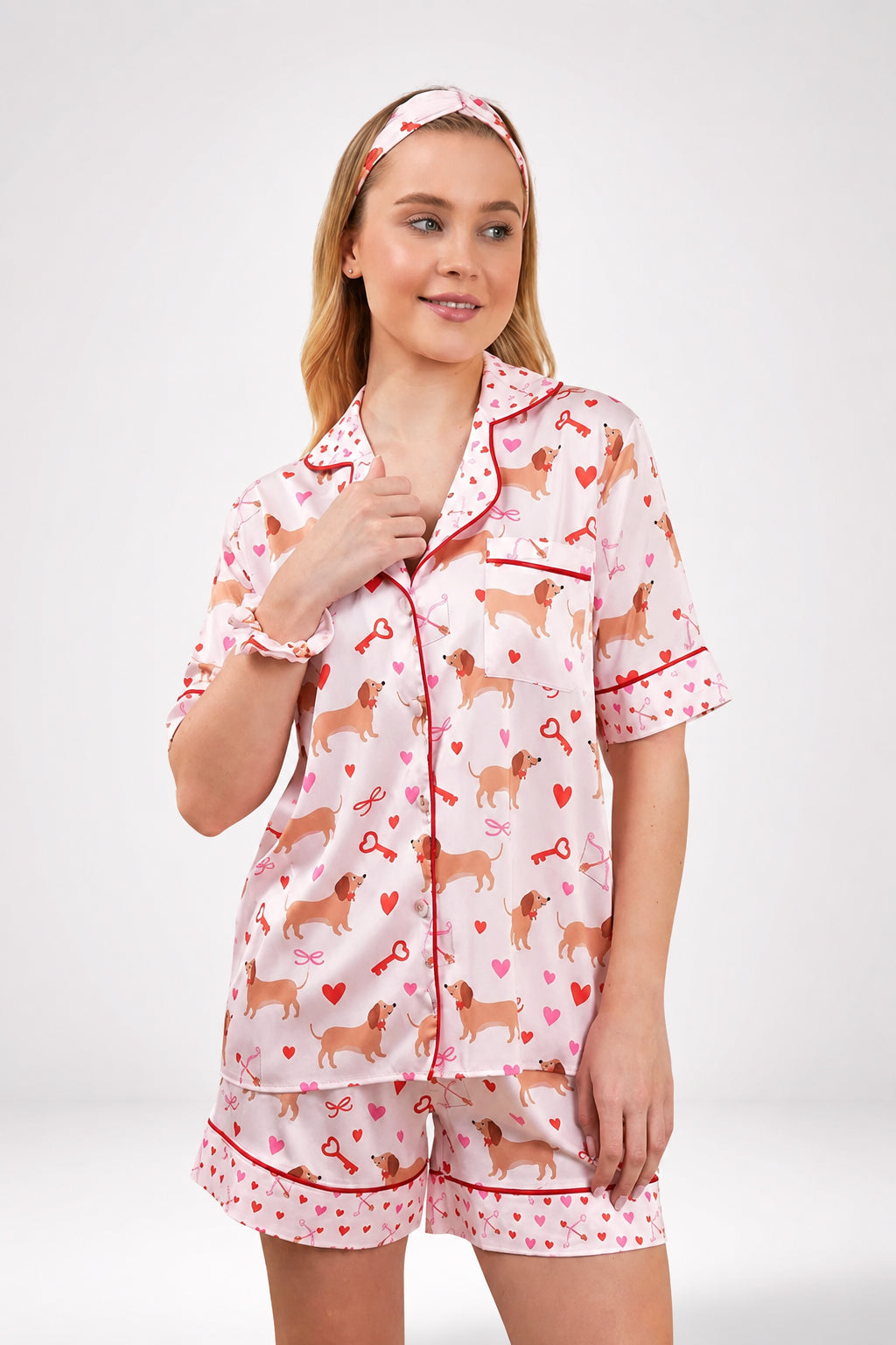 muvv's ® Kalp ve Pati Desenli Kısa Saten Pijama Takımı