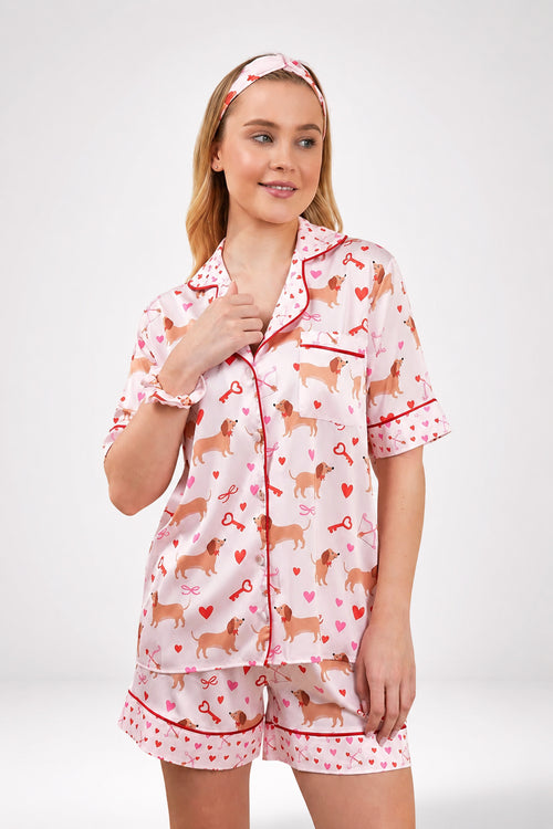 muvv's ® Kalp ve Pati Desenli Kısa Saten Pijama Takımı
