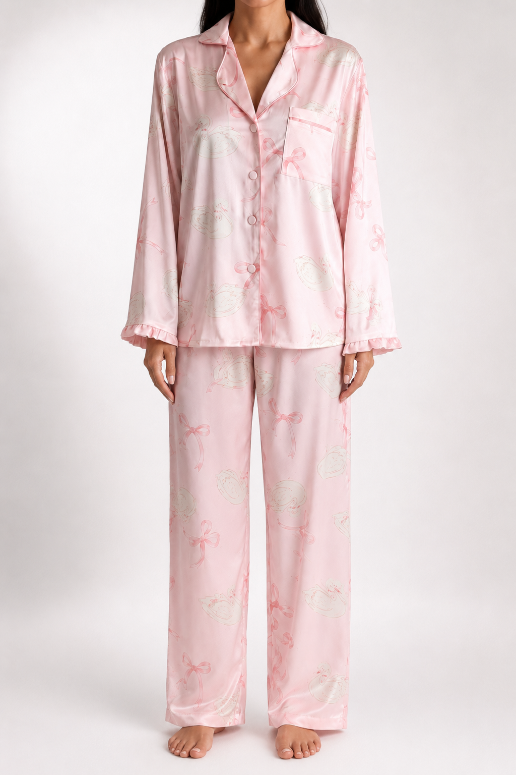 muvv's ® Kuğu Desenli Pudra Saten Pijama Takımı