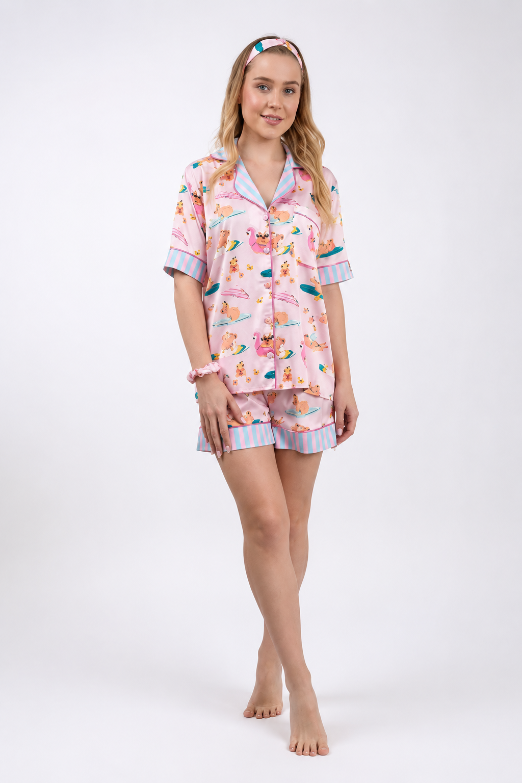 muvv's ® Kapibara Desenli Kısa Saten Pijama Takımı